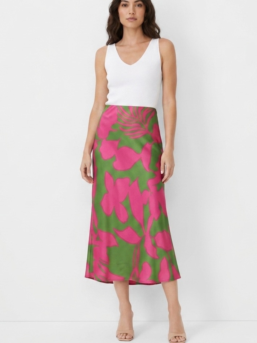 Ann Taylor Pink Green Tropical Floral Midi Skirt Women's XS Resortwear